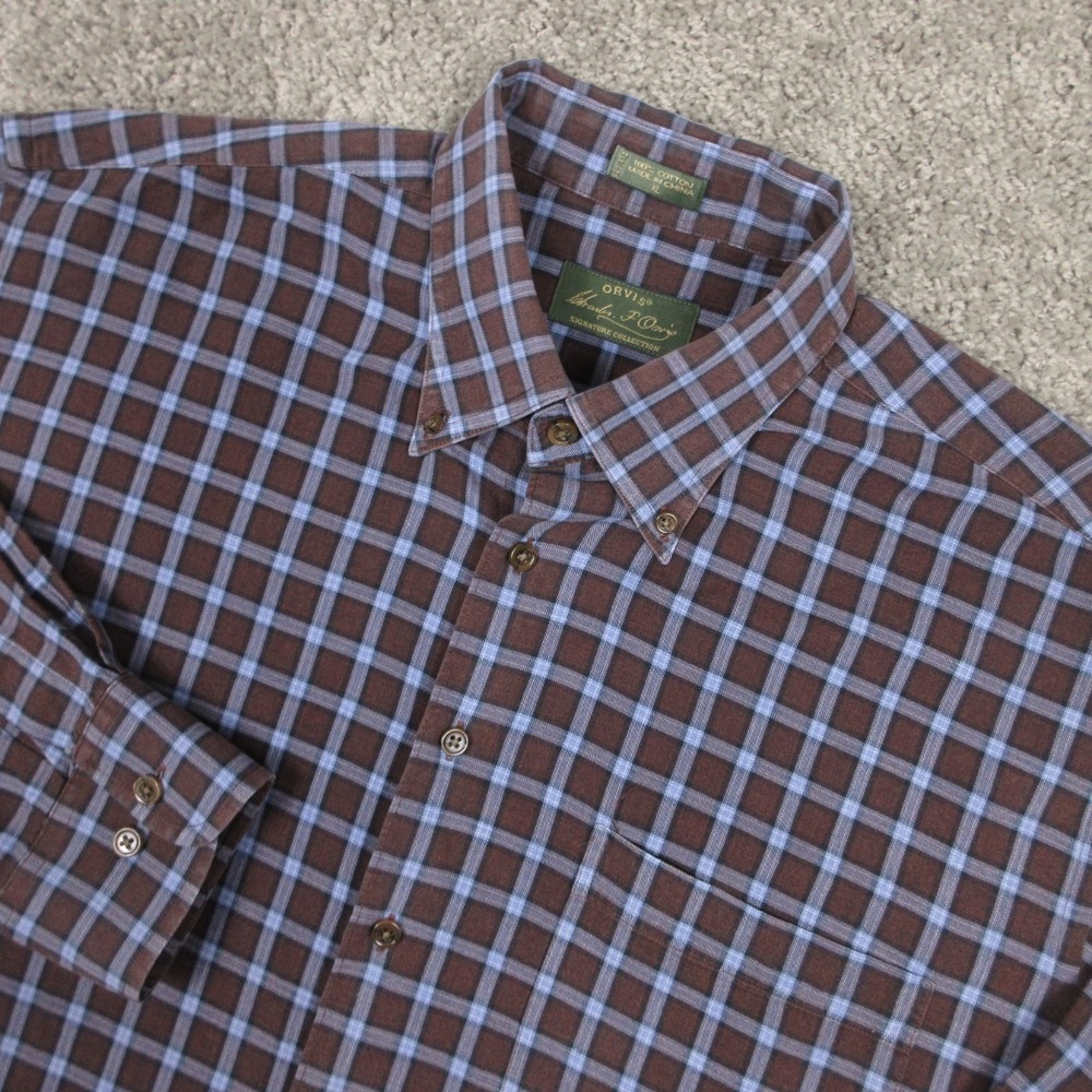 Orvis‎ Shirt Mens XL Brown Blue Plaid Twill Charles F Orvis Signature Button Up